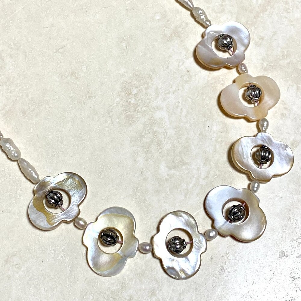 White Mother of Pearl & Freshwater Pearl Floral Choker